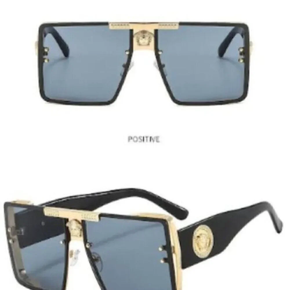 Black Sports Sunglasses Rivet Metal Frame Large Square Gold Frame
